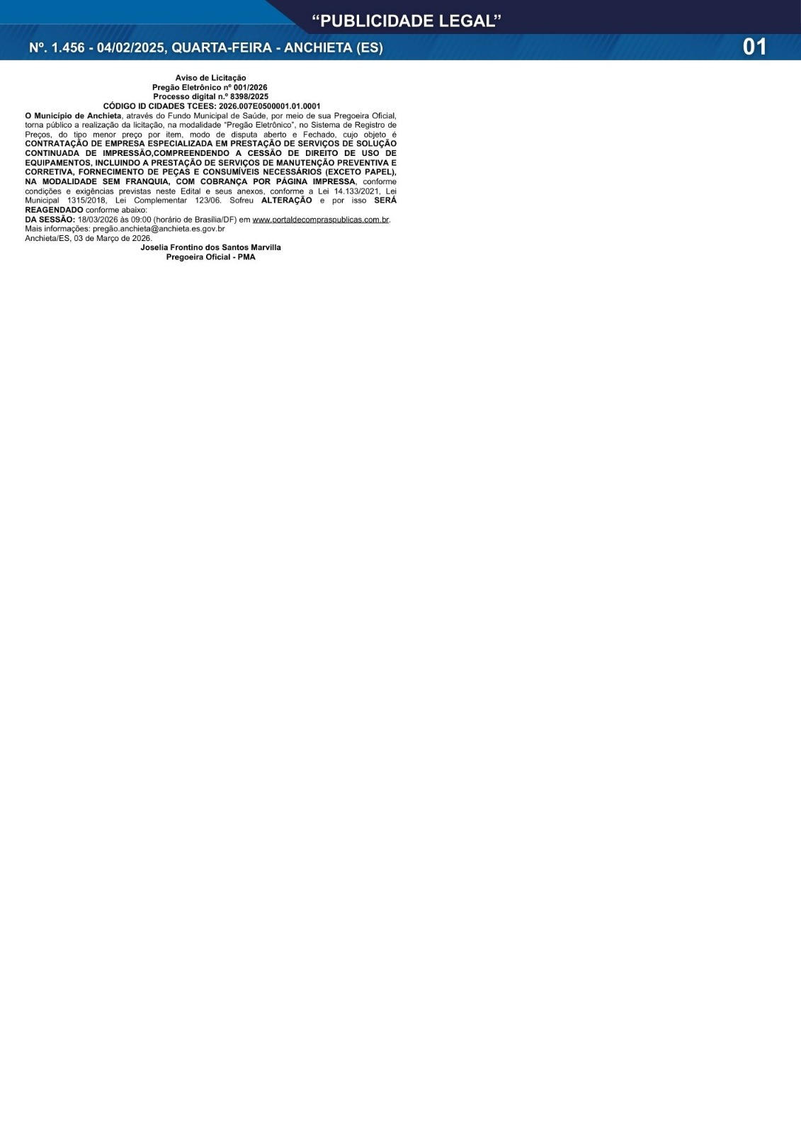 Leia mais sobre o artigo Publicidade Legal | 04/03/2026 | N°. 1.456