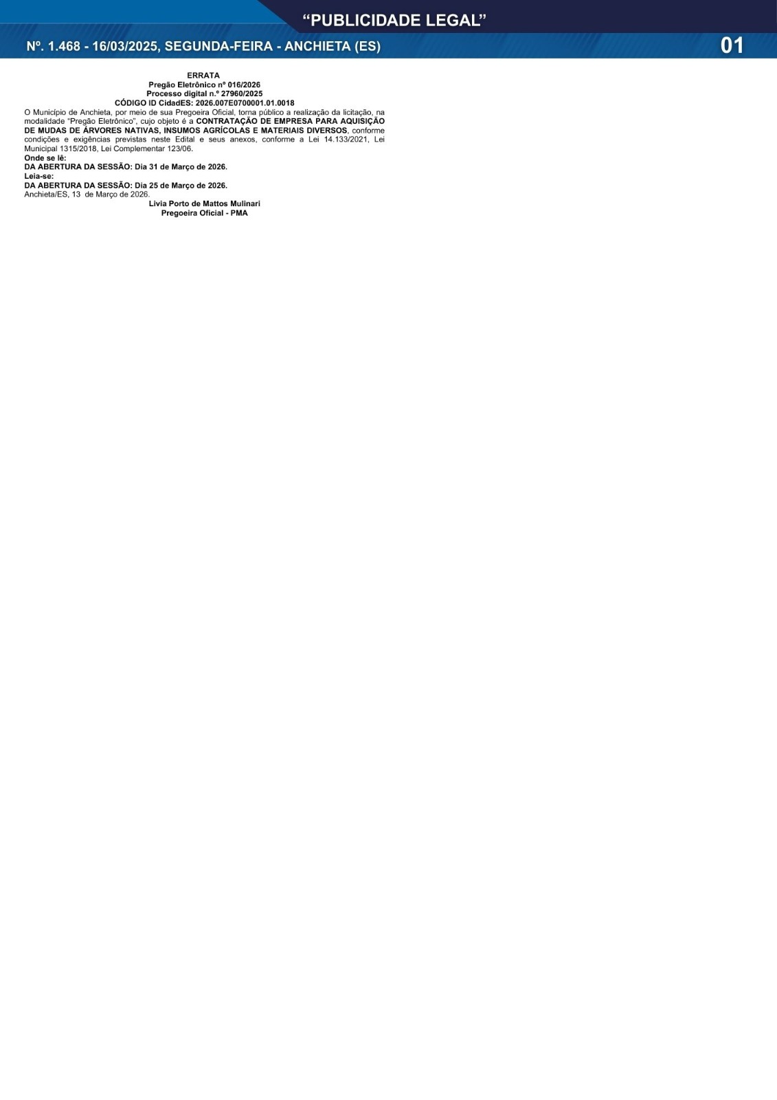 Leia mais sobre o artigo Publicidade Legal | 16/03/2026 | N°. 1.468