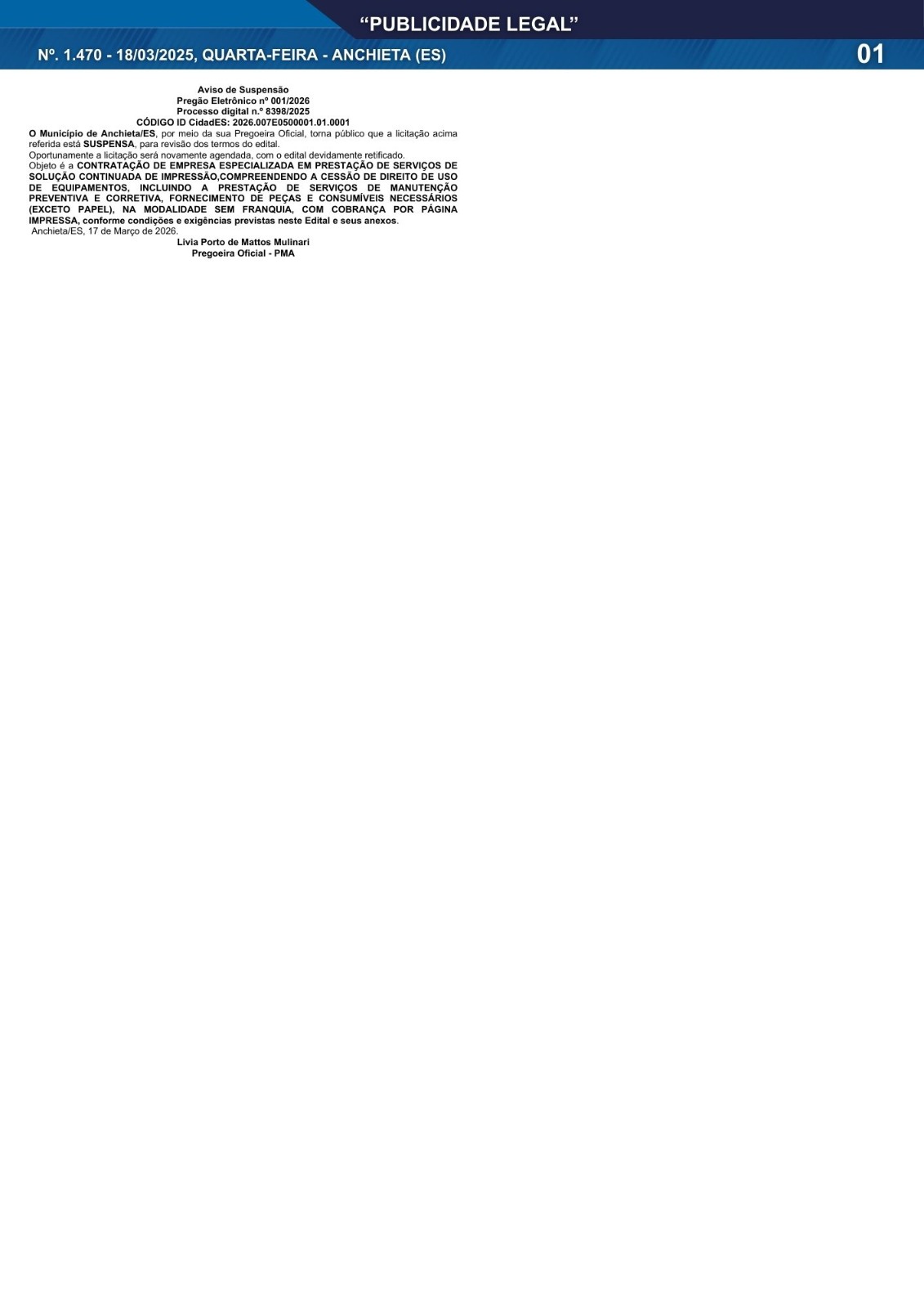 Leia mais sobre o artigo Publicidade Legal | 18/03/2026 | N°. 1.470