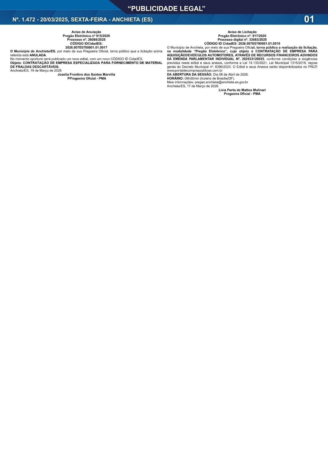 Leia mais sobre o artigo Publicidade Legal | 20/03/2026 | N°. 1.472