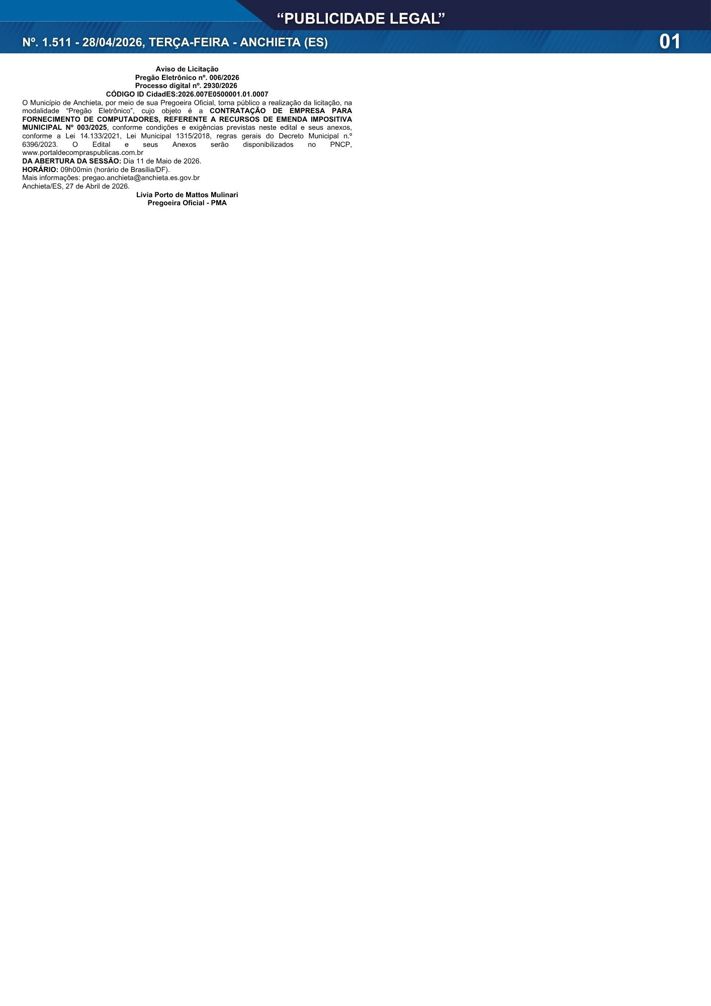 No momento, você está visualizando Publicidade Legal | 28/04/2026 | N°. 1.511