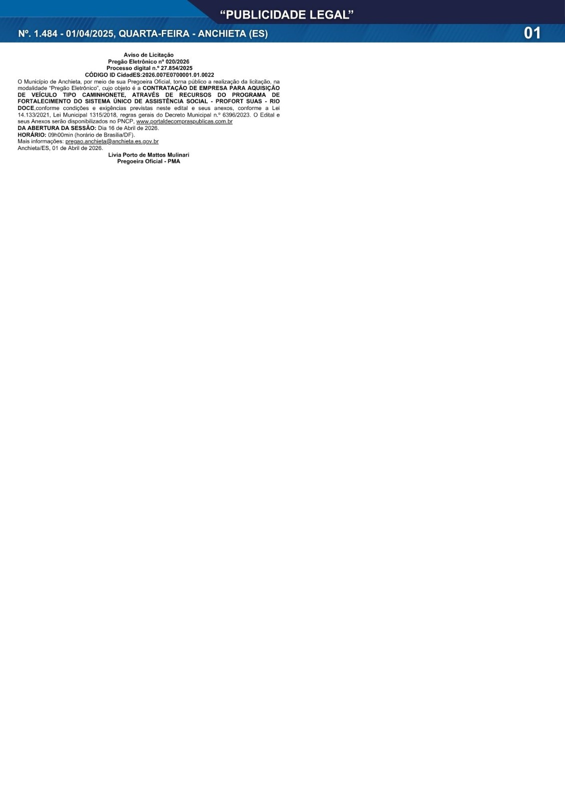 No momento, você está visualizando Publicidade Legal | 01/04/2026 | N°. 1.484