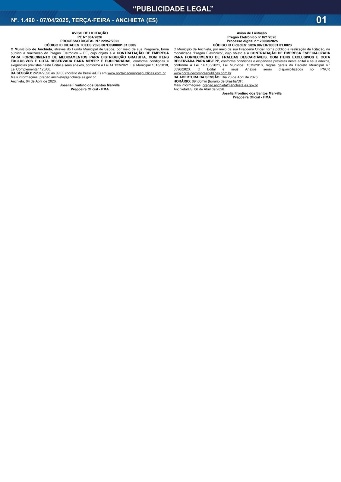 Leia mais sobre o artigo Publicidade Legal | 07/04/2026 | N°. 1.490