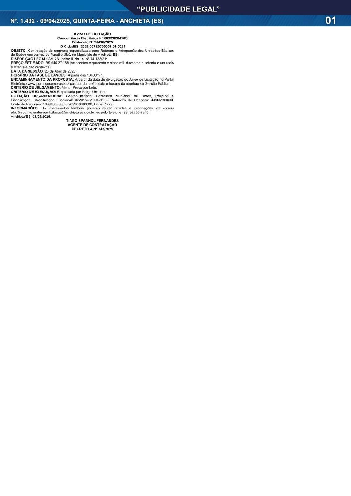 Leia mais sobre o artigo Publicidade Legal | 09/04/2026 | N°. 1.492