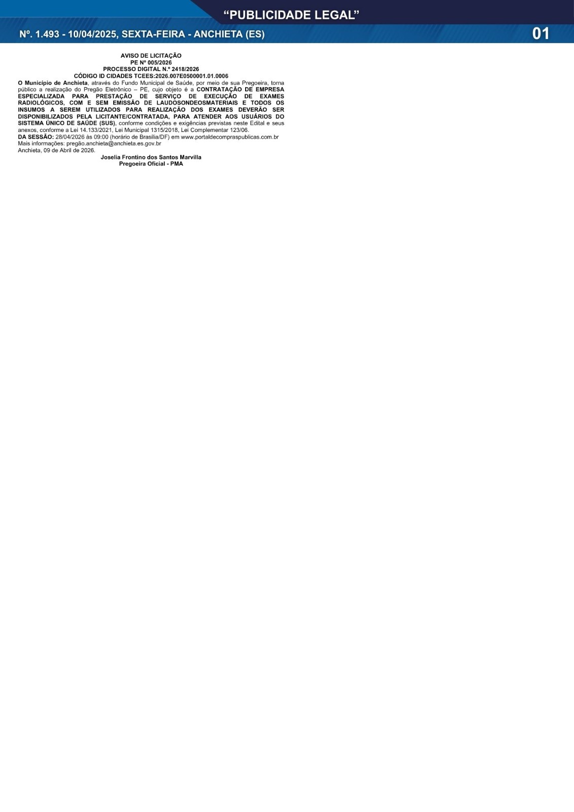 Leia mais sobre o artigo Publicidade Legal | 10/04/2026 | N°. 1.493