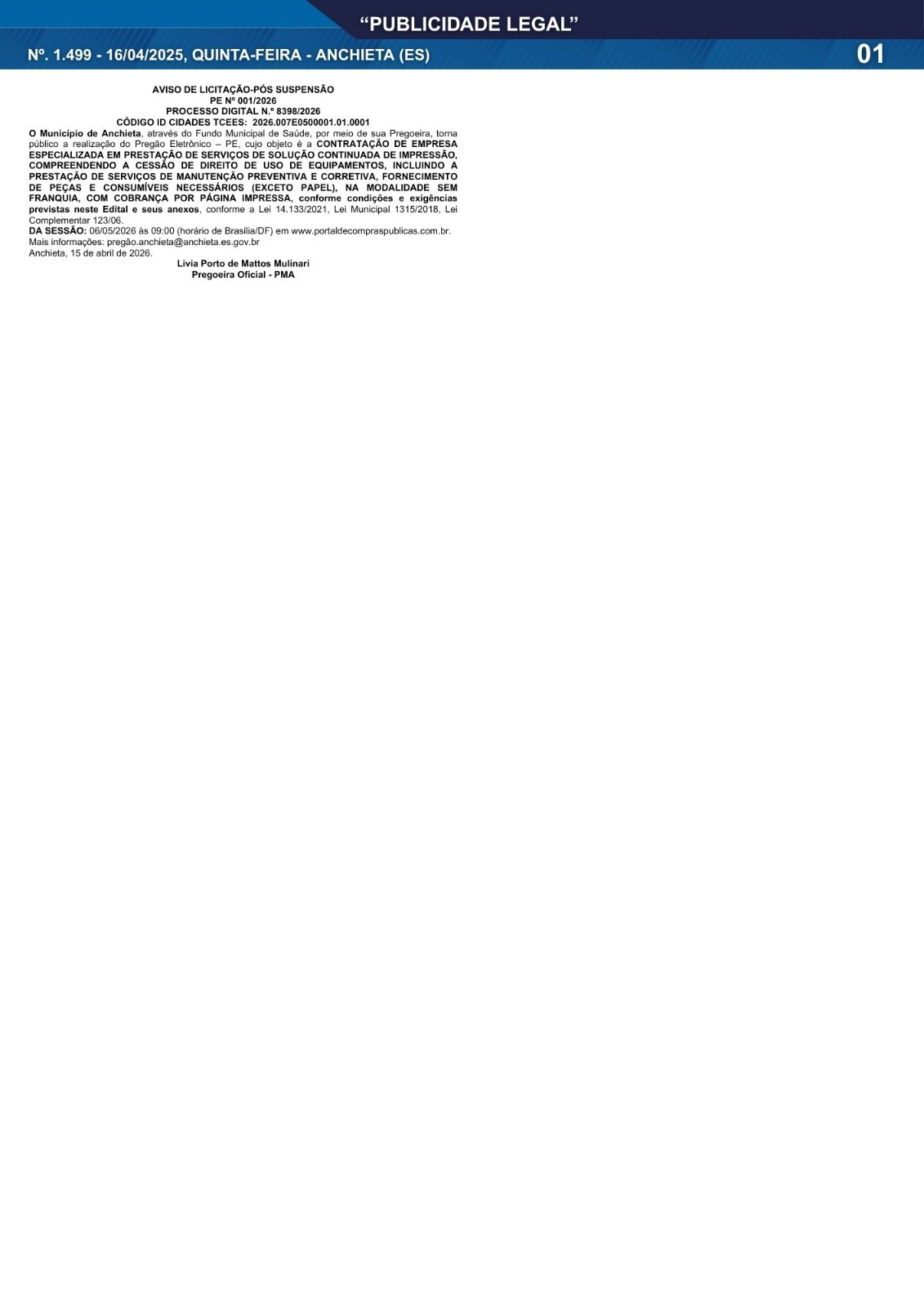 Leia mais sobre o artigo Publicidade Legal | 16/04/2026 | N°. 1.499