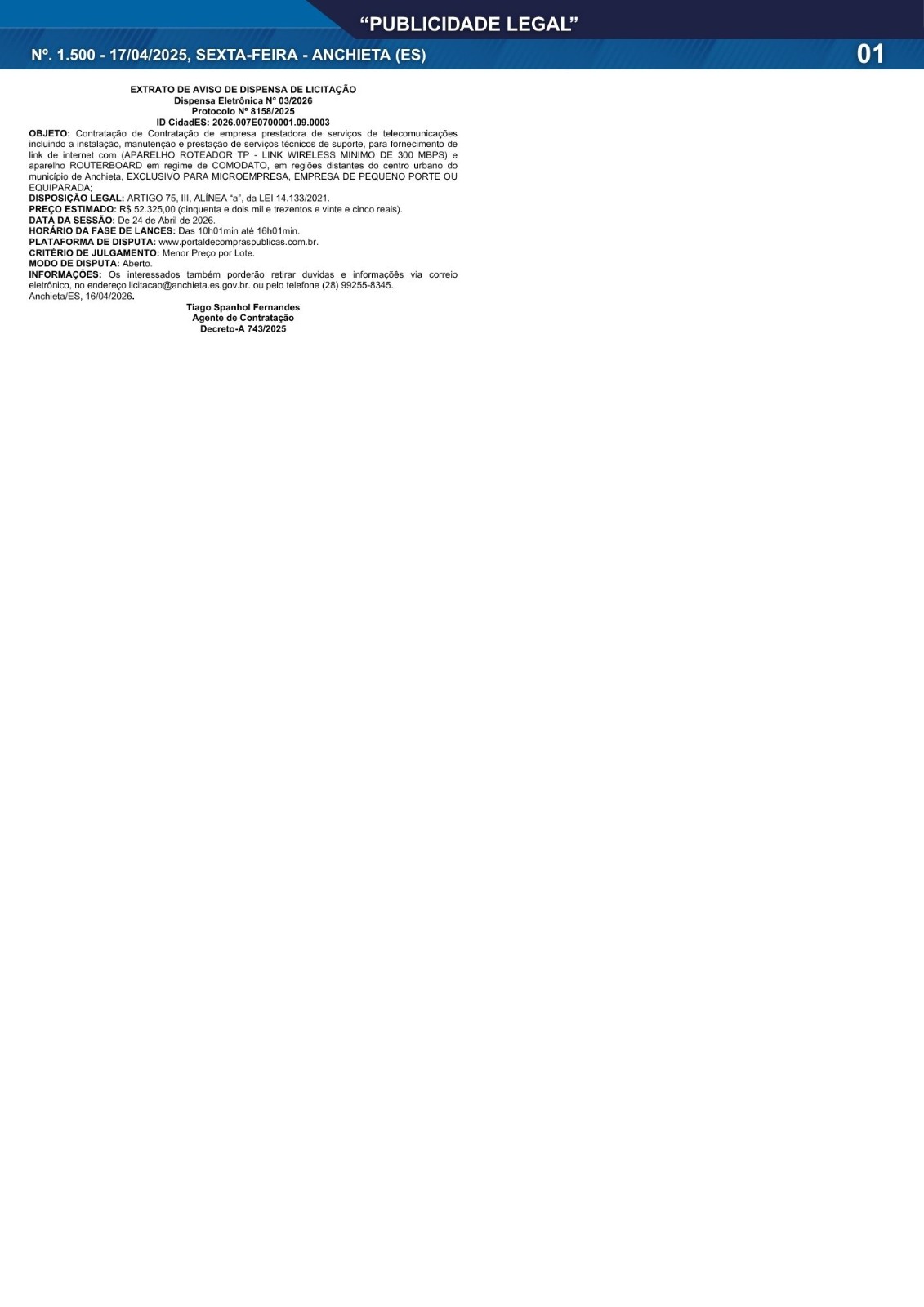 Leia mais sobre o artigo Publicidade Legal | 17/04/2026 | N°. 1.500