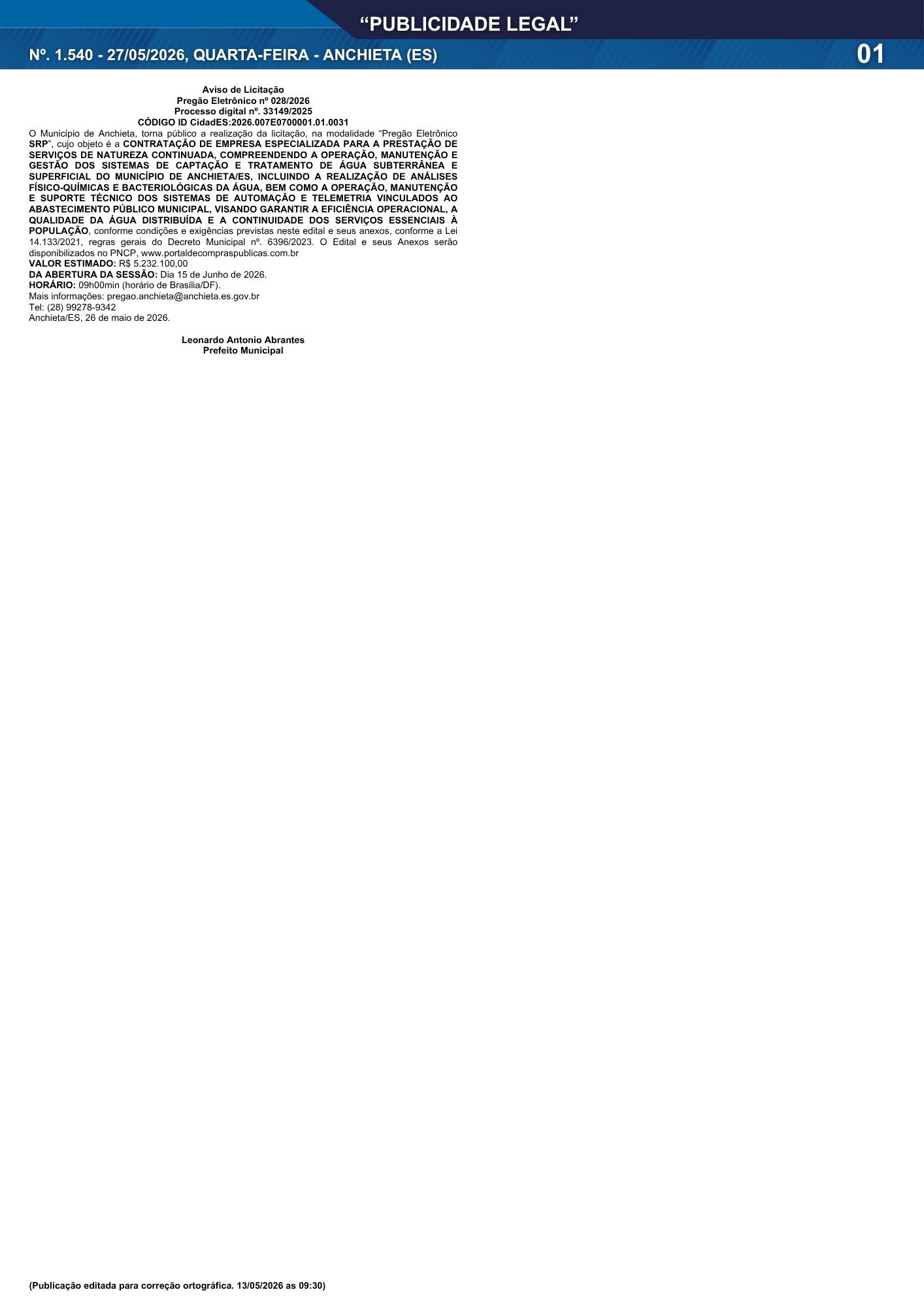 Leia mais sobre o artigo Publicidade Legal | 27/05/2026 | N°. 1.540