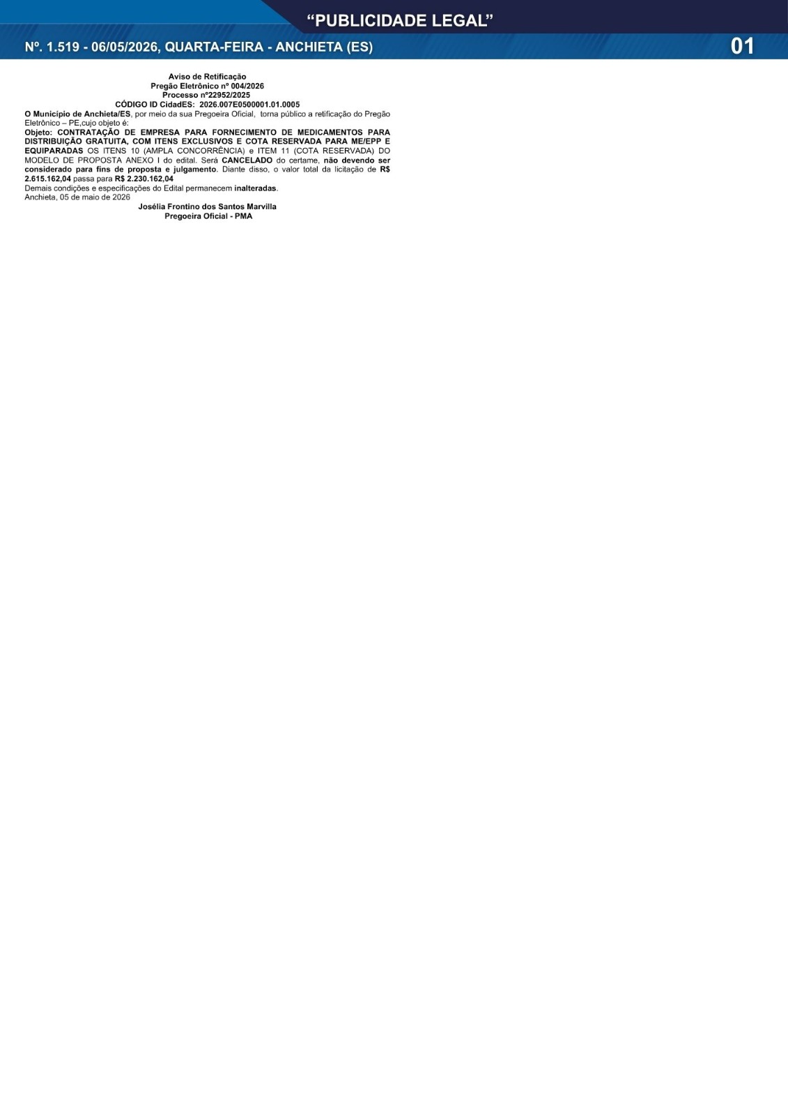 No momento, você está visualizando Publicidade Legal | 06/05/2026 | N°. 1.518