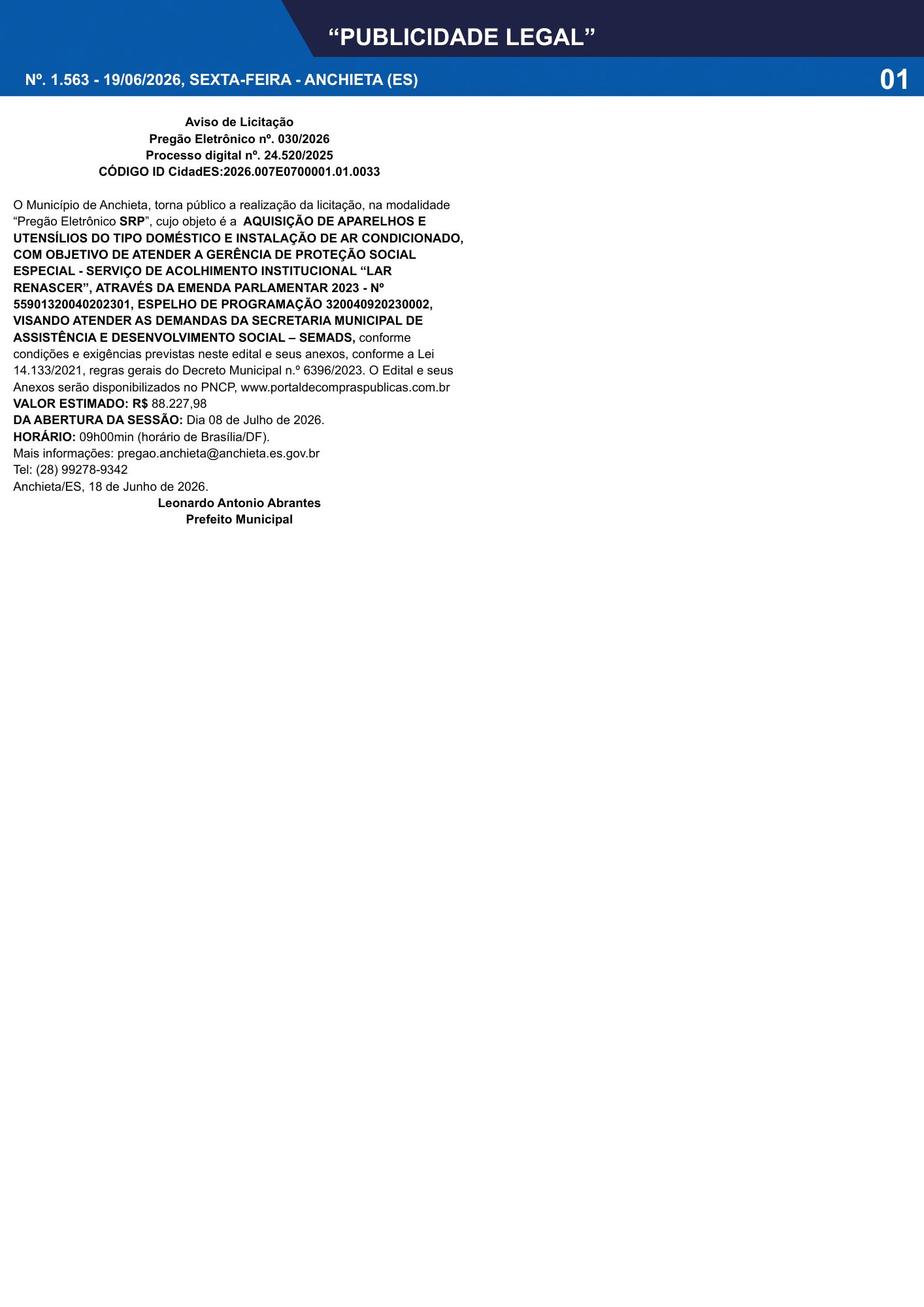 No momento, você está visualizando Publicidade Legal | 19/06/2026 | N°. 1.563